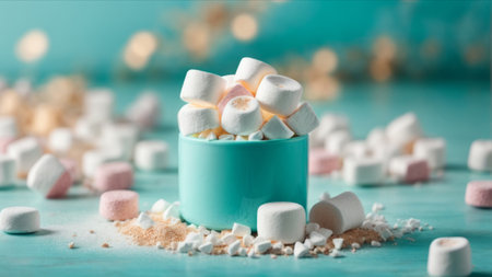Colorful marshmallows in cup on turquoise wooden tableの素材
