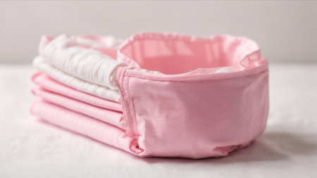 Pink baby clothes in a basket on a light background. Selective focus.の素材