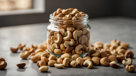 Cashew nuts in a glass jar on a gray background. Healthy food.の素材