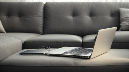 Laptop and eyeglasses on sofa in living room at homeの素材