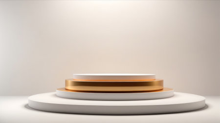 3d rendering of white podium for product display. Mock up scene with empty round stage.の素材