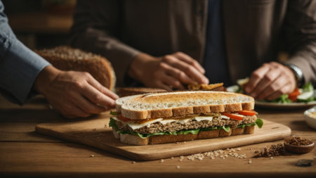 Close-up of man and woman sitting at wooden table and eating tasty sandwichの素材