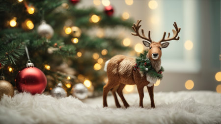 Christmas decoration with reindeer and bokeh lights on backgroundの素材
