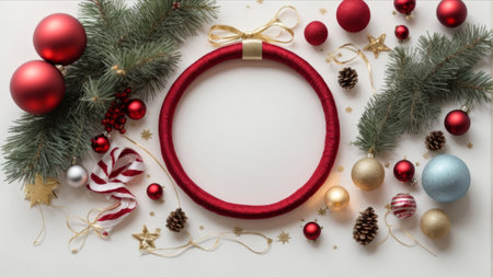 Christmas composition. Christmas red decoration on white background. Flat lay, top view, copy spaceの素材