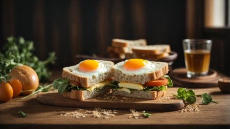 Breakfast with fried egg and sandwiches on wooden table, selective focusの素材