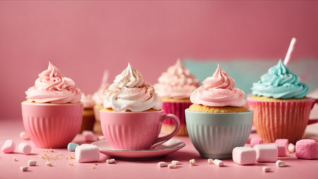 Delicious cupcakes with marshmallows on color background, closeupの素材