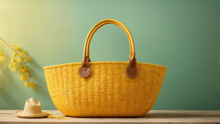 Wicker bag and straw hat on wooden table, on color backgroundの素材
