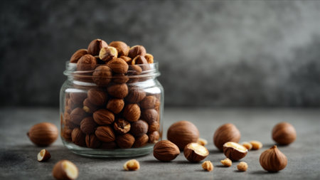 Hazelnuts in a glass jar on a gray background. Copy space.の素材