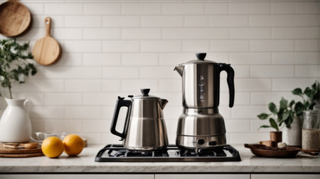 Modern electric kettle on modern kitchen countertop, closeup. Space for textの素材
