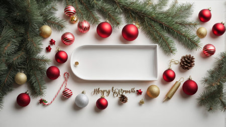 Christmas and New Year background with red and gold decorations. Flat lay, top view.の素材