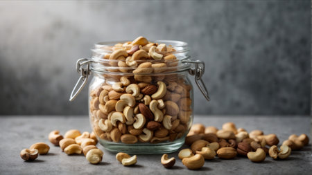 Mixed nuts in glass jar on concrete background. Healthy food concept.の素材