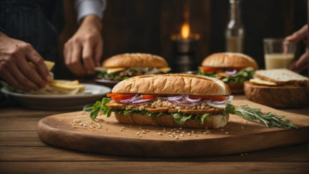 Hands of man preparing tasty sandwich on wooden table, closeupの素材