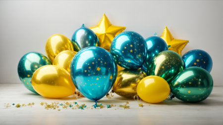 Bunch of colorful balloons with stars and confetti on white backgroundの素材