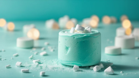 Mint marshmallow on turquoise background with bokeh lightsの素材