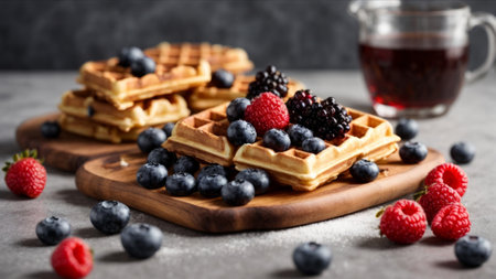 Homemade belgian waffles with fresh berries and a cup of teaの素材
