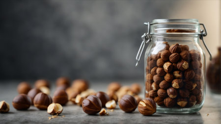 Hazelnuts in a glass jar on a gray stone background.の素材