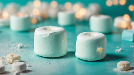 Marshmallows on turquoise background with candles and snowflakesの素材