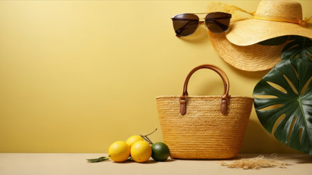 Fashionable straw bag with lemons and straw hat on yellow backgroundの素材