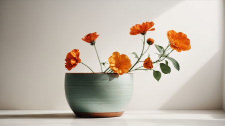 Orange flowers in a ceramic pot on a white background with copy spaceの素材