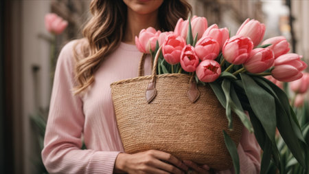 cropped view of woman holding bouquet of pink tulips in bagの素材