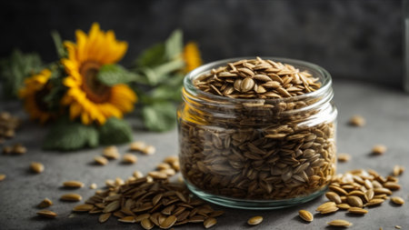 Sunflower seeds in a glass jar on a gray background, selective focus.の素材