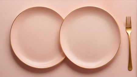 Top view of two empty plates with golden fork and knife on pink backgroundの素材