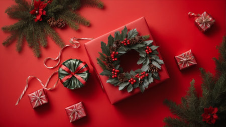 Christmas decoration on red background. Flat lay, top view, copy space.の素材