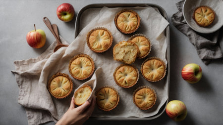 Homemade apple pie with fresh apples on a baking sheet on a gray backgroundの素材