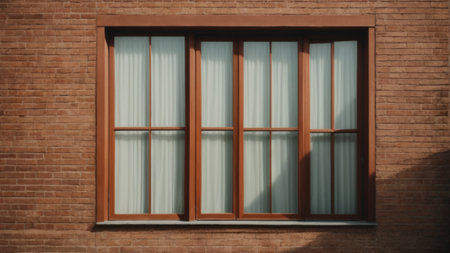 Vintage wooden window on red brick wall. Horizontal shot.の素材