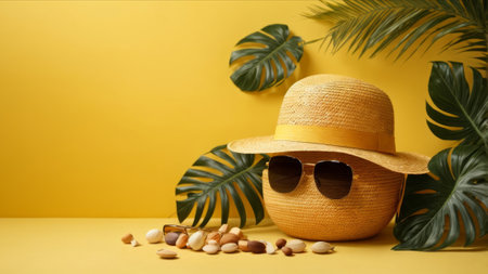 Stylish straw hat with sunglasses and nuts on yellow background, space for textの素材