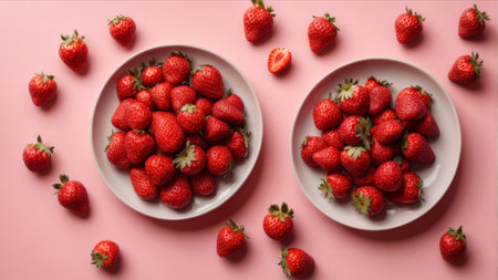 Strawberries in a plate on a pink background. View from above.の素材