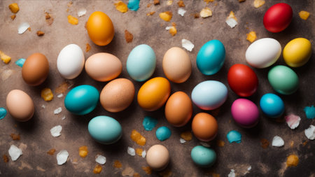 Colorful Easter eggs on rustic background. Top view, copy spaceの素材