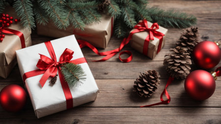 Christmas gift boxes and fir tree branches on rustic wooden background.の素材