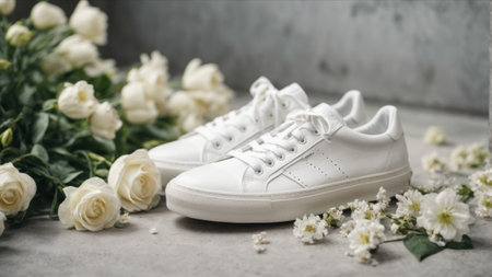 White sneakers and a bouquet of white flowers on a gray background.の素材