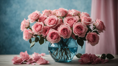 Bouquet of pink roses in a vase on a blue backgroundの素材