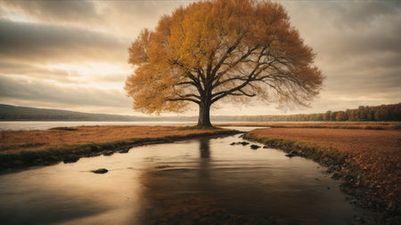 Autumn landscape with a lonely tree in the middle of a riverの素材