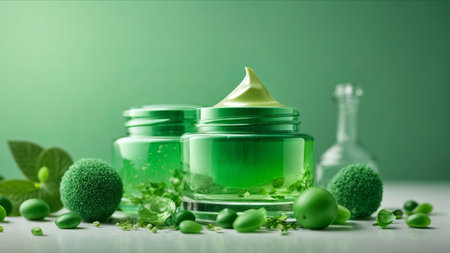 cosmetic cream with aloe vera gel and ingredients on green backgroundの素材