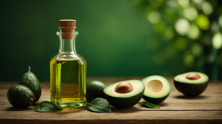 Avocado oil in a bottle on a wooden table with green backgroundの素材
