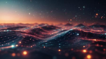 3D rendering of abstract digital landscape with flowing particles and depth of fieldの素材