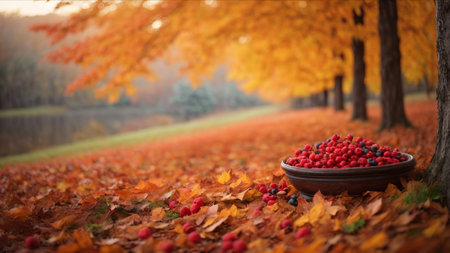 Bowl of berries in the autumn park. Seasonal background.の素材
