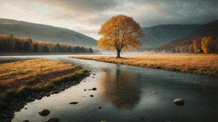 Beautiful autumn landscape in Scotland, UK. Golden tree on the river bank.の素材