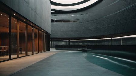 3d rendering of modern office building interior with glass walls and floorの素材