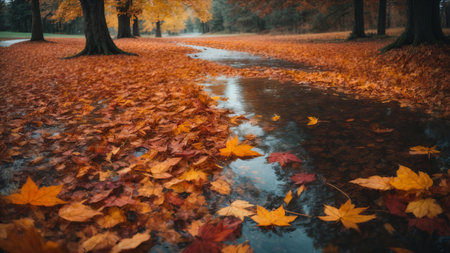 Fallen leaves in a puddle in the park. Autumn seasonの素材