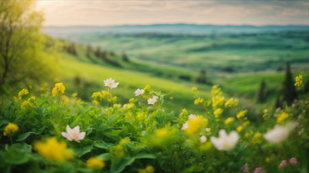 Beautiful spring landscape with blooming flowers in the field. Nature backgroundの素材