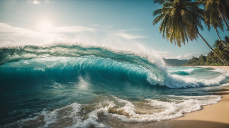 Ocean wave breaking on sandy beach with coconut palm trees and blue skyの素材