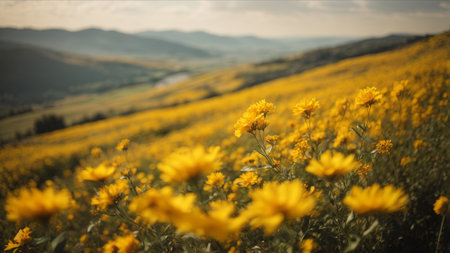 Field of yellow flowers in the mountains. Tuscany, Italyの素材