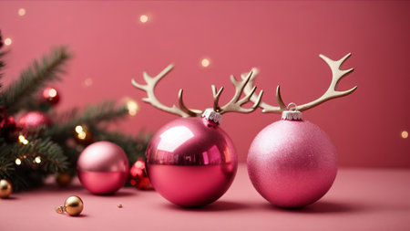Christmas and New Year background. Christmas decorations on a pink background.の素材