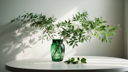 Green vase with plant on a white table. 3D renderingの素材