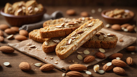 Almond biscotti on wooden table, closeup. Healthy snackの素材