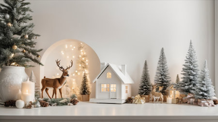 Christmas decoration in white room with Christmas tree and deer. 3d renderingの素材